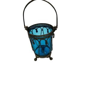 Vintage Midcentury Antique Metal Votive Candle Holder Blue Glass Insert W Handle